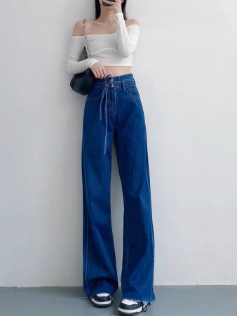 |現貨|一件免運|正韓| 韓國代購KR官網原版 高腰綁帶毛邊闊腿落地褲-復古藍